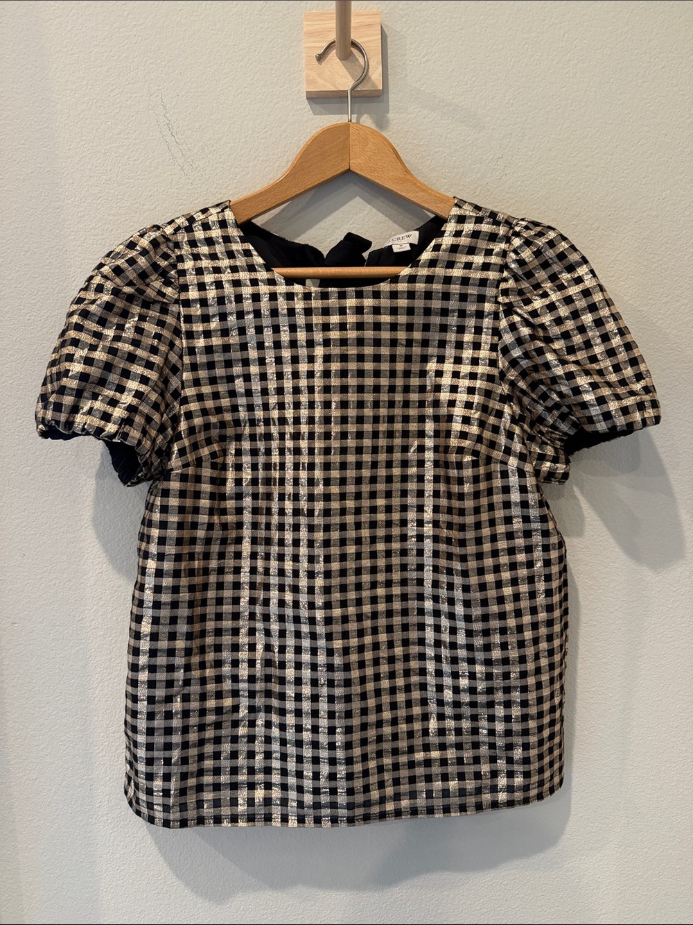 J.Crew Skirt Set Metallic Thread Gingham Puff Sleeve Top - Black Gold Size Small